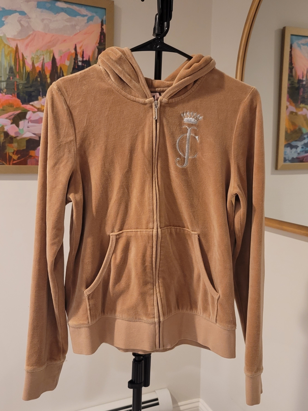 JUICY COUTURE Velour Zip Up Hoodie Y2K Style Tan Preppy Size XL